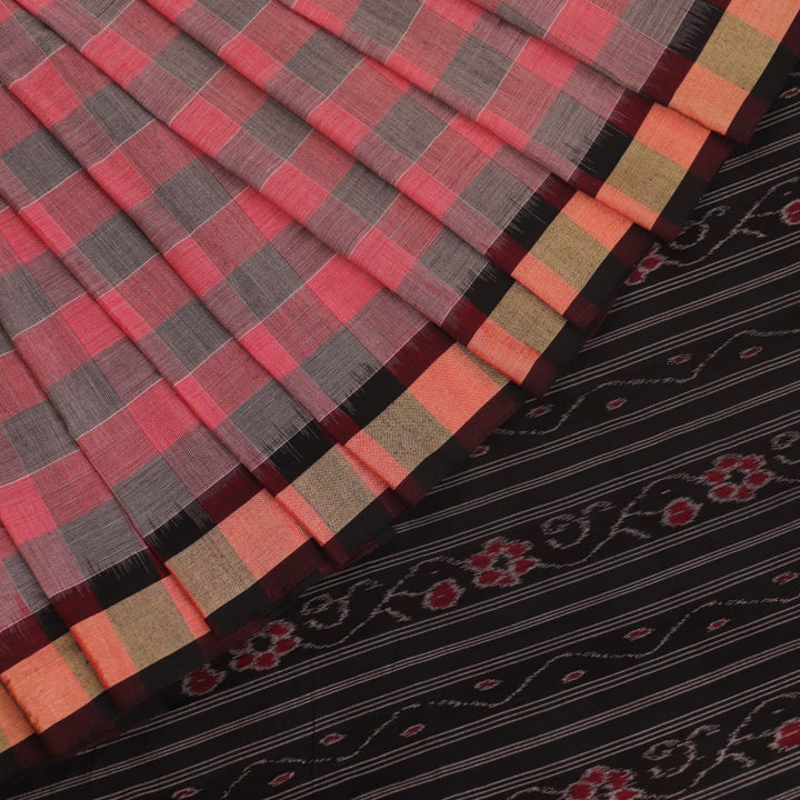 Multi-color Sambalpuri cotton saree with black and traditional motifs, full view.