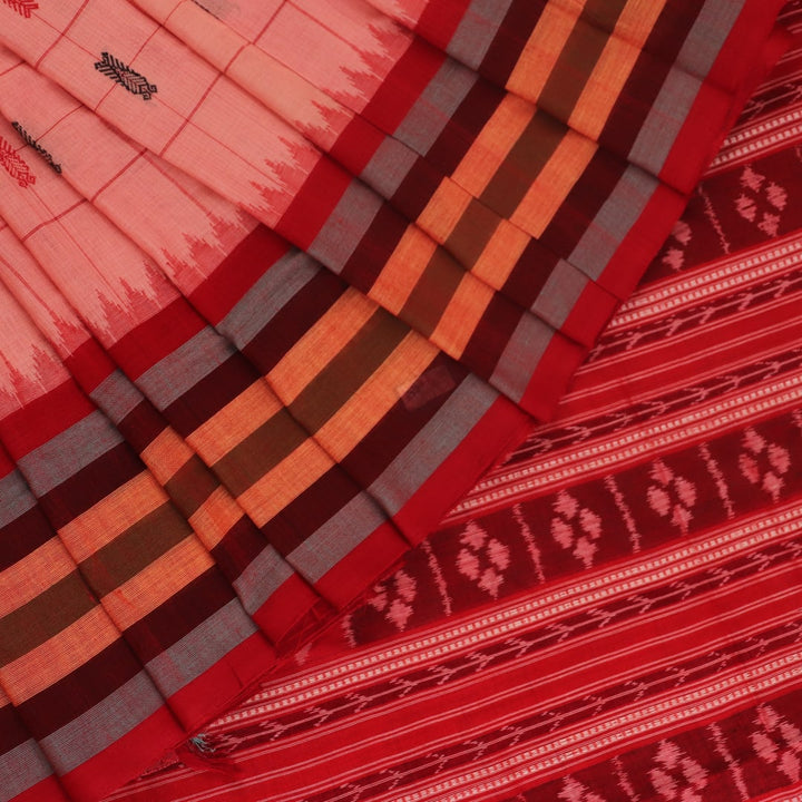 Full product view of a pink and red Sambalpuri Cotton Saree with butta pattern.
