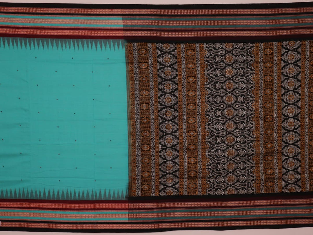 Full view of a blue and black Bomkai cotton saree with intricate butta pattern.