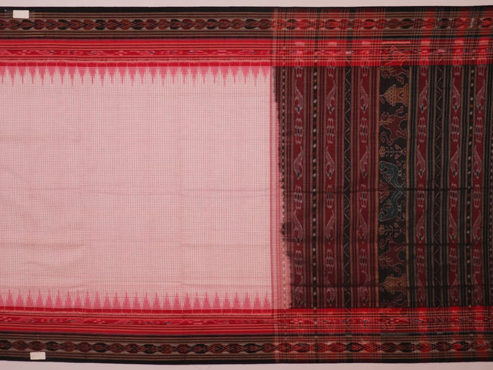 Saree styling: White and black Sambalpuri cotton saree with motifs, draped to showcase the overall look.