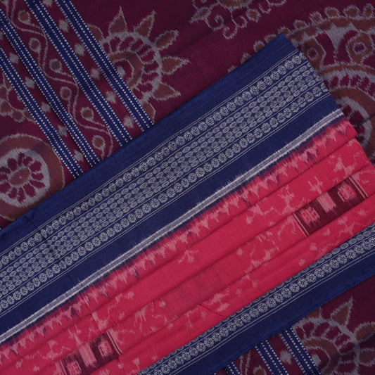 Full layout of the pink and blue Sambalpuri cotton saree displaying the body, border, and motifs.