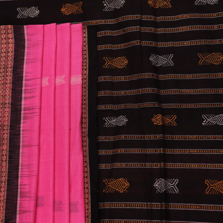 Full view of a pink and black Bomkai cotton saree with butta pattern.