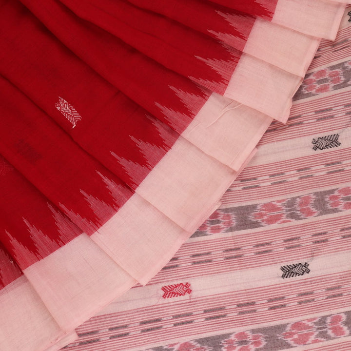 Full view of a red and white Sambalpuri cotton saree with all-over butta pattern.