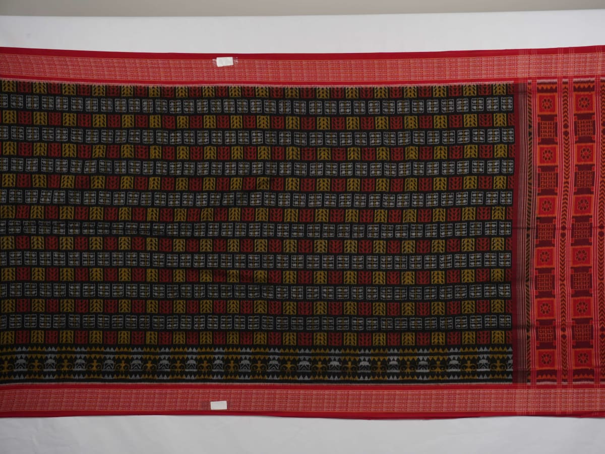 Full layout of the black and red Sambalpuri cotton saree displaying the complete pattern and border design.