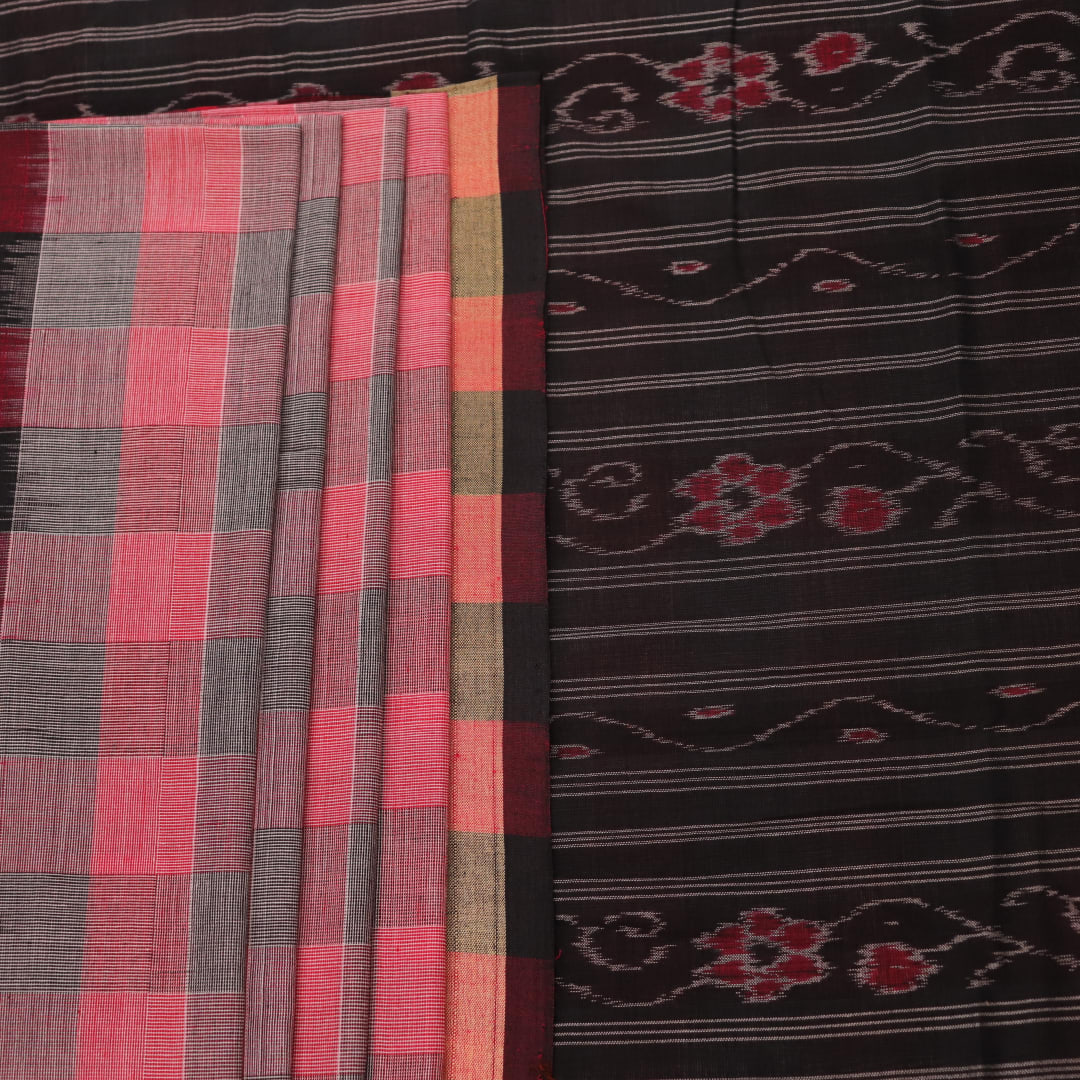 Multi-color Sambalpuri cotton saree with black and traditional motifs, full view.