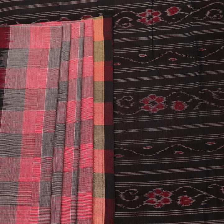Multi-color Sambalpuri cotton saree with black and traditional motifs, full view.