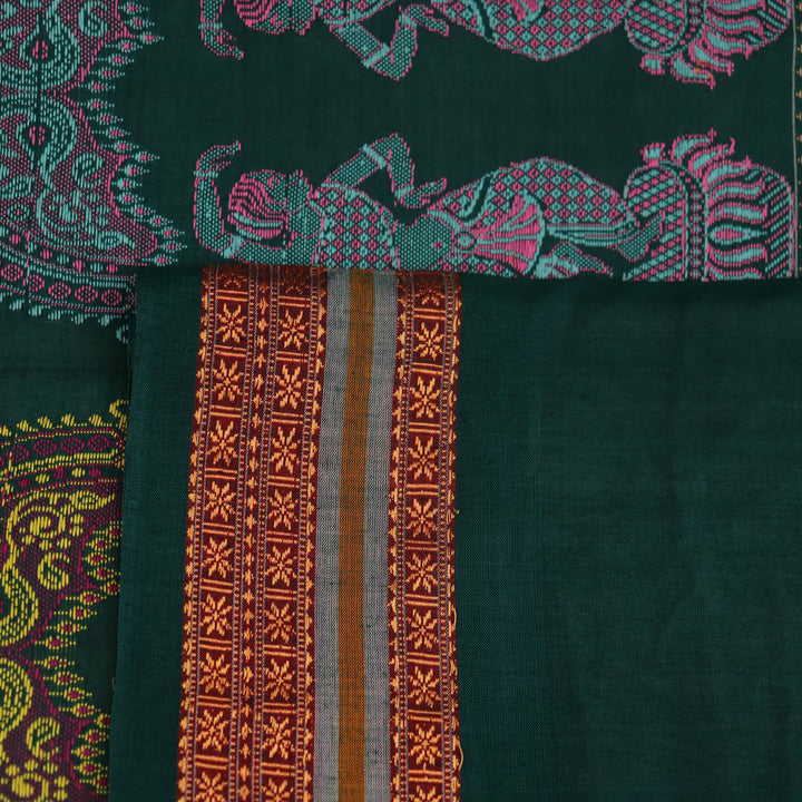 Full view of a cream and green cotton Bomkai Saree with butta pattern.