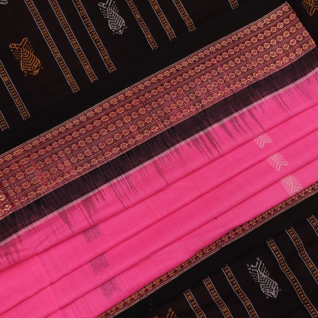 Full view of a pink and black Bomkai cotton saree with butta pattern.