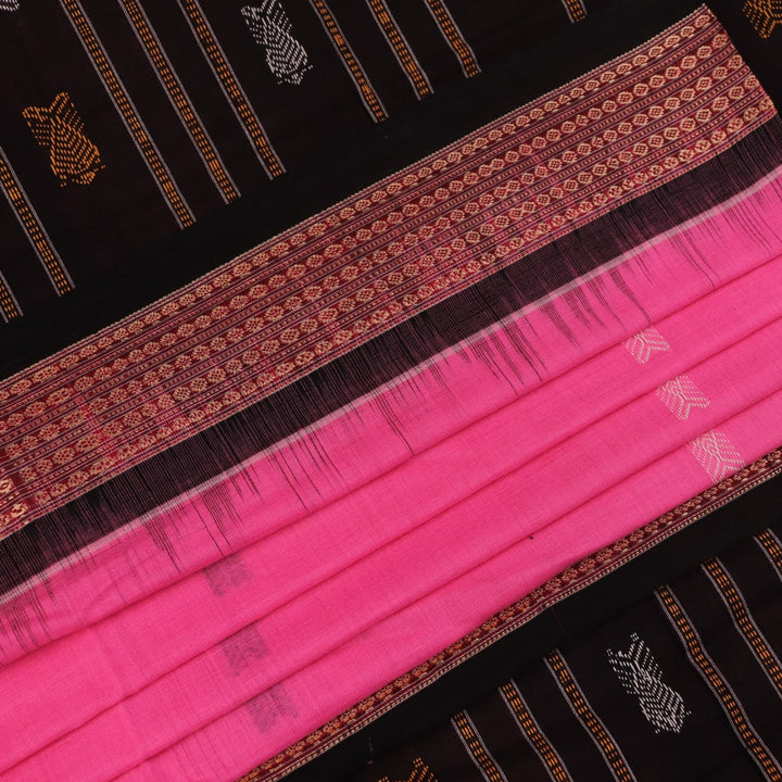 Full view of a pink and black Bomkai cotton saree with butta pattern.