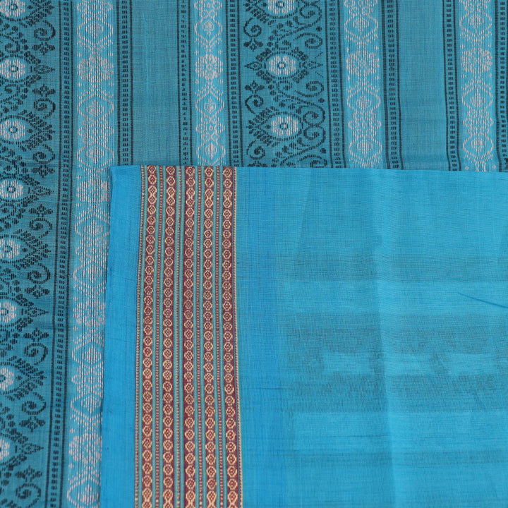 Full view of a maroon and blue Bomkai Cotton Saree with butta pattern.