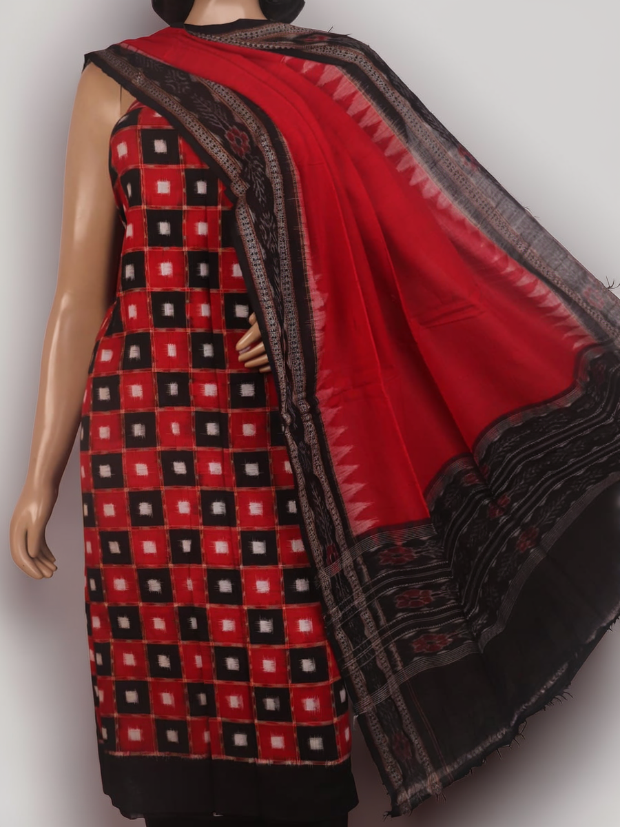Black & red Pasapalli Sambalpuri cotton dress material blouse piece detail.