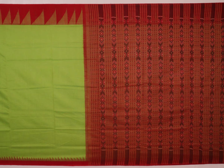 Full view of a plain green and red handloom Sambalpuri cotton saree.