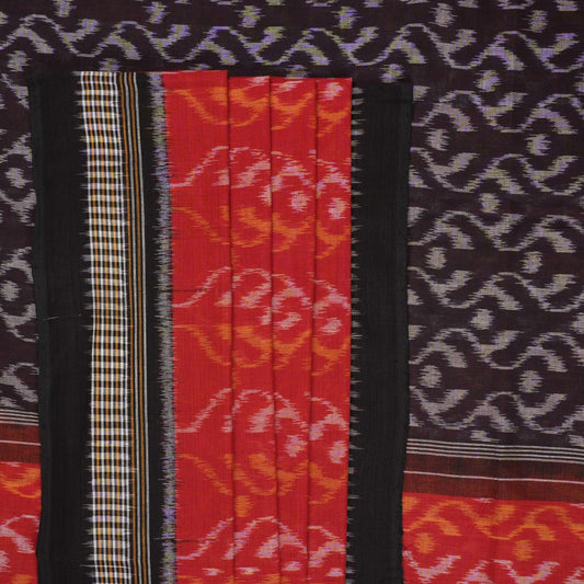 Model draped in a maroon and black Sambalpuri cotton saree showcasing elegant traditional handloom style