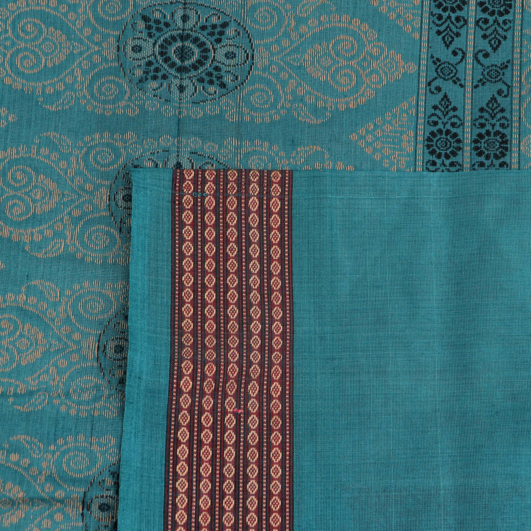 Full length view of a blue and green Bomkai Cotton Saree with Butta pattern.
