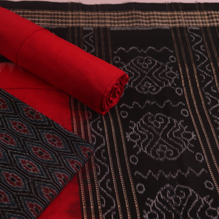 Black and red Sambalpuri cotton blouse piece with motifs.