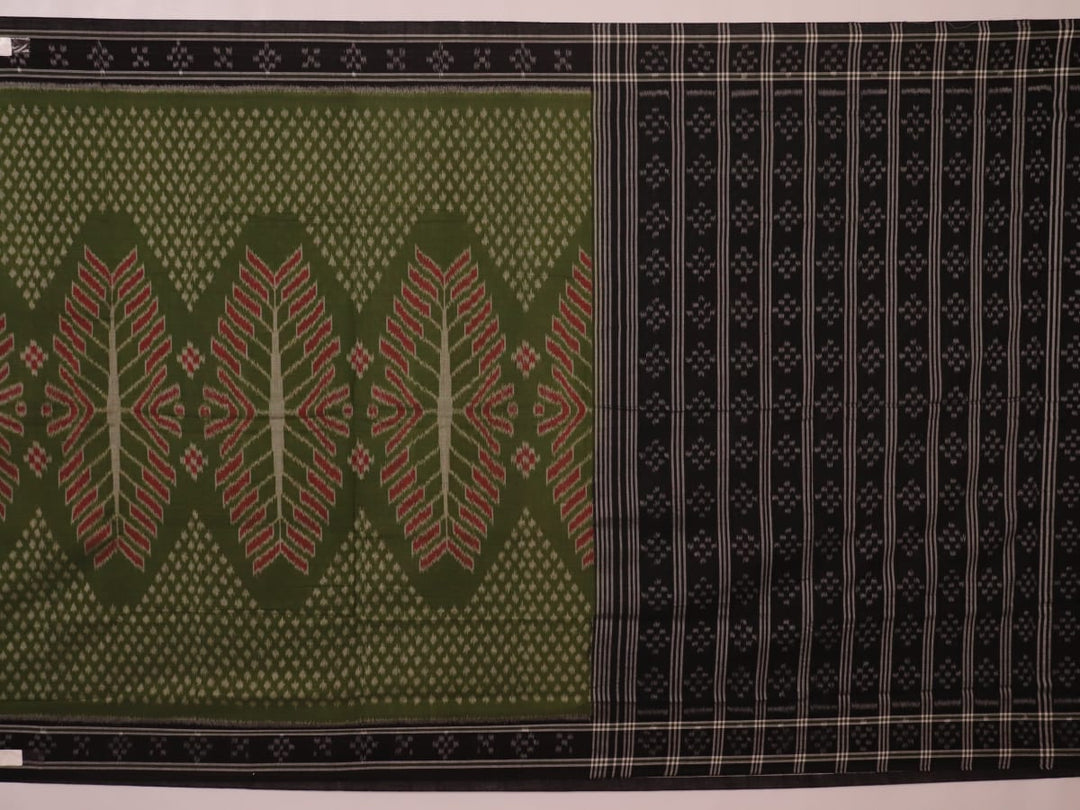 Green and black Sambalpuri cotton saree with motifs, elegantly draped.