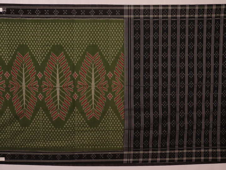 Green and black Sambalpuri cotton saree with motifs, elegantly draped.