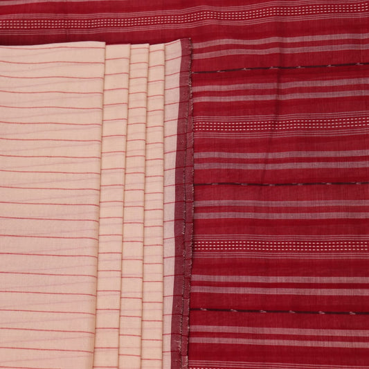 Entire white and maroon striped Sambalpuri cotton saree laid out.