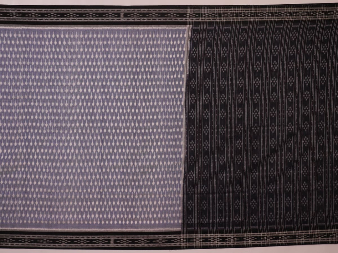 Elegantly styled and draped grey and black Sambalpuri cotton saree with motifs.