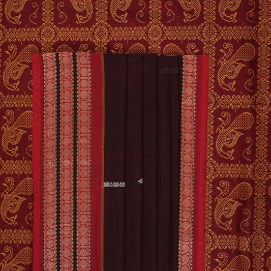 Full view of the maroon Bomkai cotton saree with red borders and small butta motifs laid out flat.