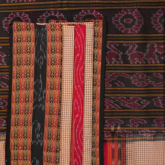 Model elegantly draped in a cream and black Sambalpuri cotton handloom saree with traditional ikat motifs.