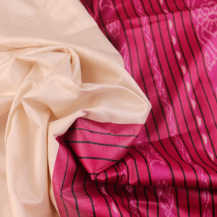 Close-up of plain white and black handloom Tussar Silk saree fabric texture.