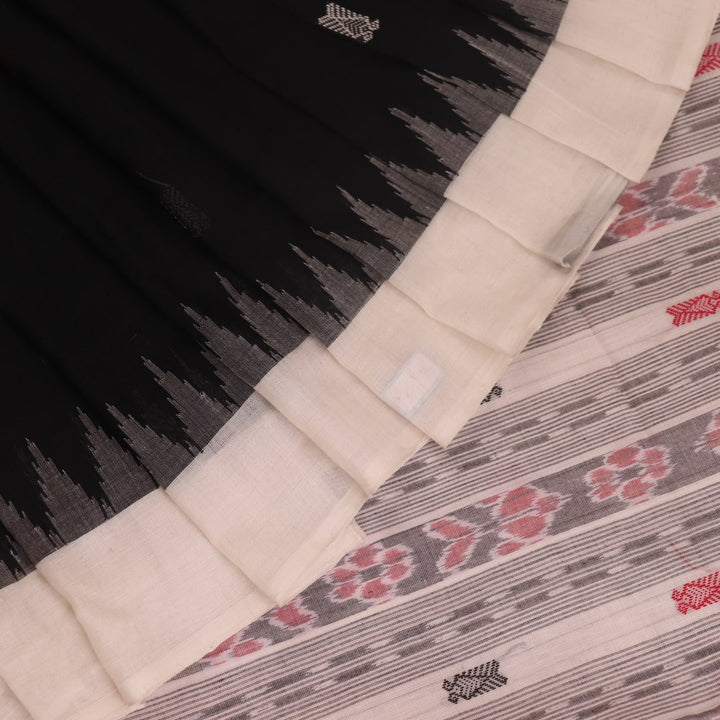 Full view of a Black and White Sambalpuri Cotton Saree with Butta pattern.