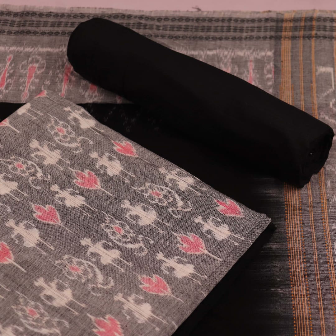 Exquisite Sambalpuri Dress Material: Handloom Heritage in Grey and Black