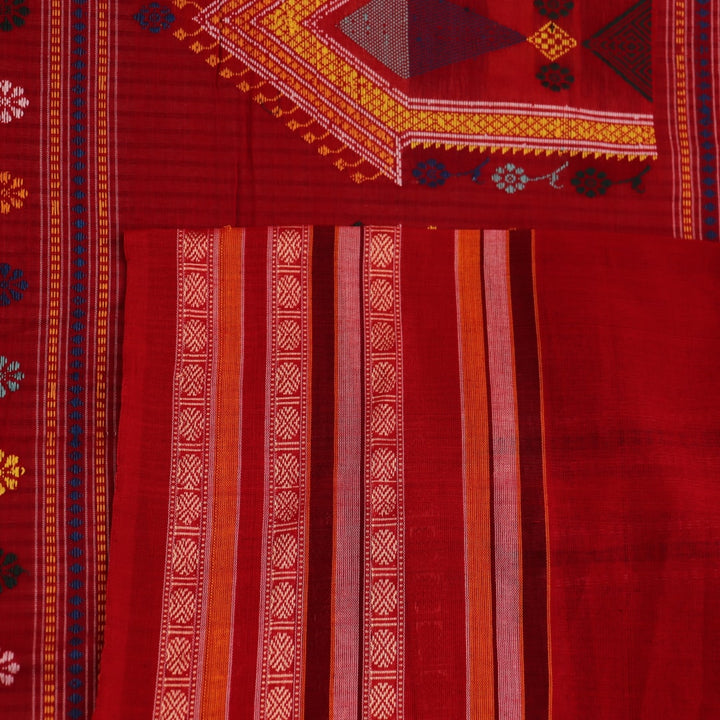 Full length view of a handloom grey and red striped Dolabedi cotton saree.
