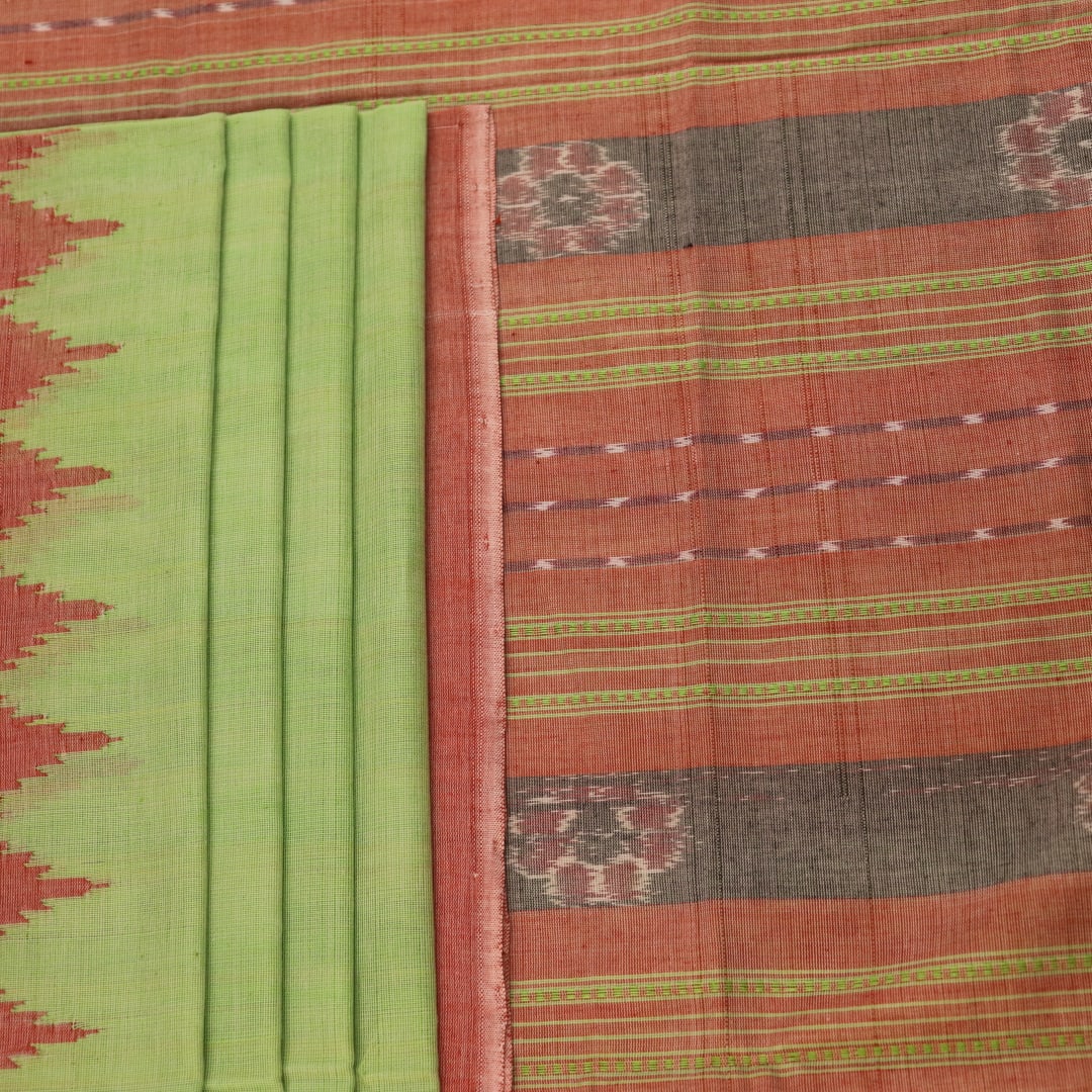Full view of a plain green and brown Sambalpuri cotton saree.
