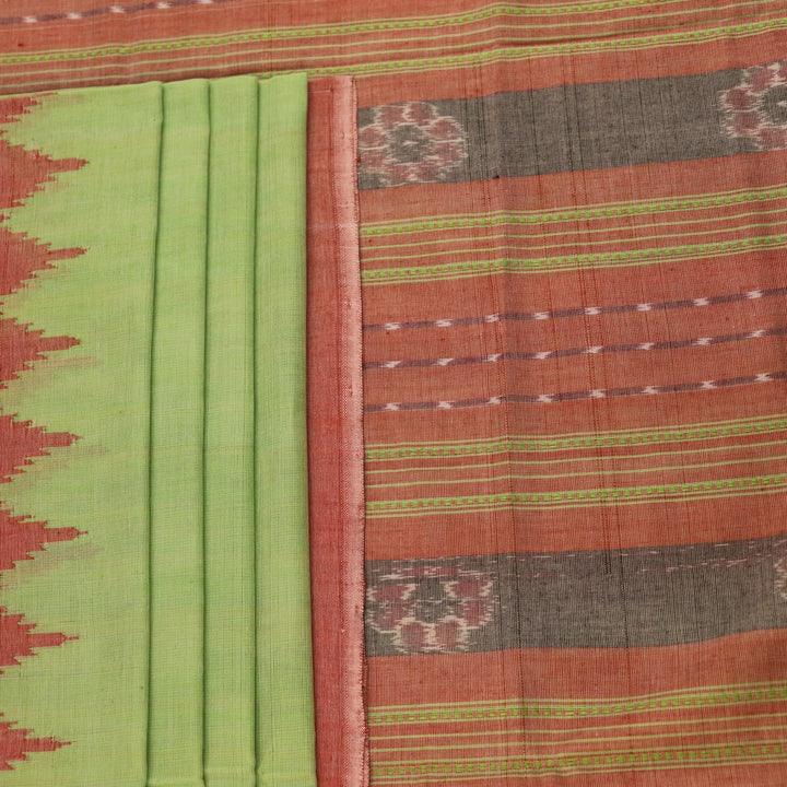 Full view of a plain green and brown Sambalpuri cotton saree.