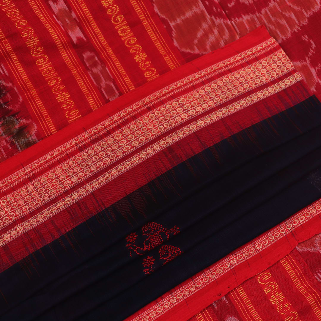 Full view of a blue and red Bomkai Cotton Saree with doll pattern.