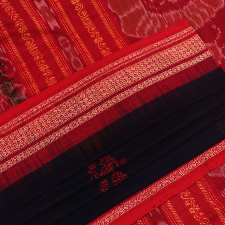 Full view of a blue and red Bomkai Cotton Saree with doll pattern.
