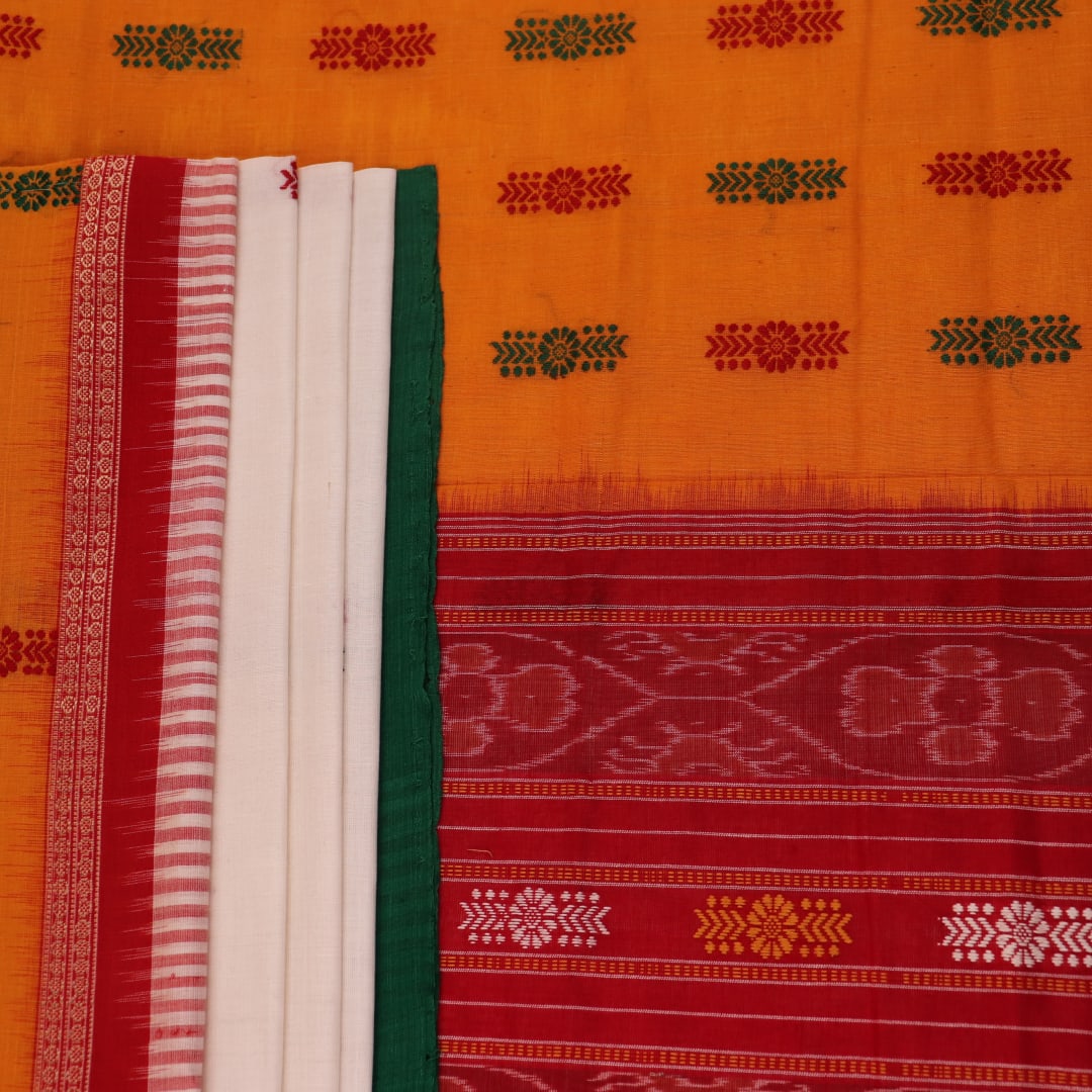 Full view of a white and green cotton handloom Bomkai saree with butta pattern.