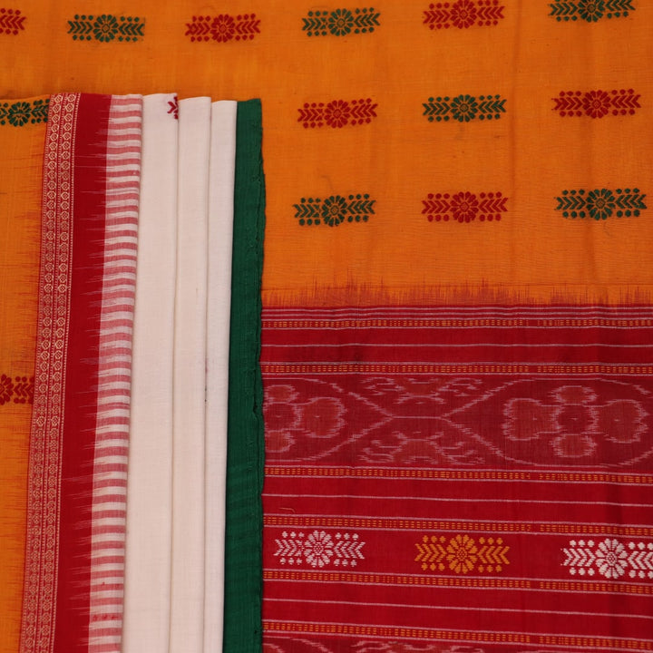 Full view of a white and green cotton handloom Bomkai saree with butta pattern.