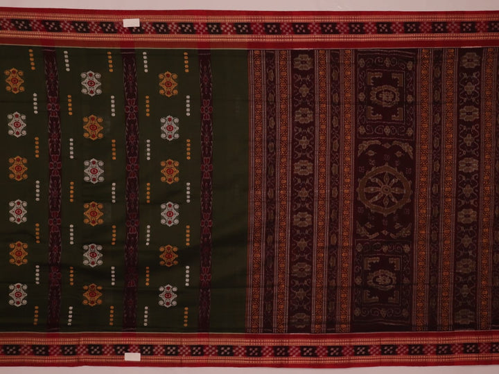 Full view of a green and rust cotton Bomkai saree with traditional butta patterns.