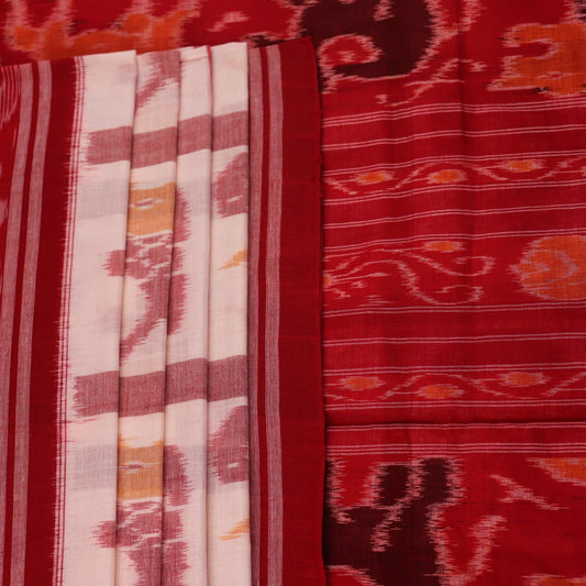 Full view of a white and red Sambalpuri cotton saree with traditional motifs.