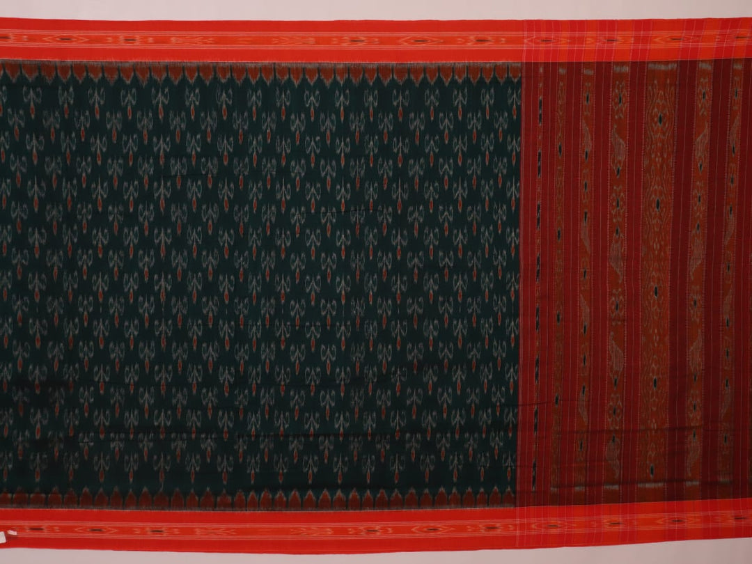 Green and orange Sambalpuri cotton saree draped, showcasing the motif pattern.