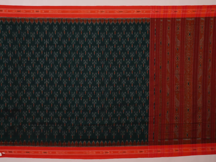 Green and orange Sambalpuri cotton saree draped, showcasing the motif pattern.