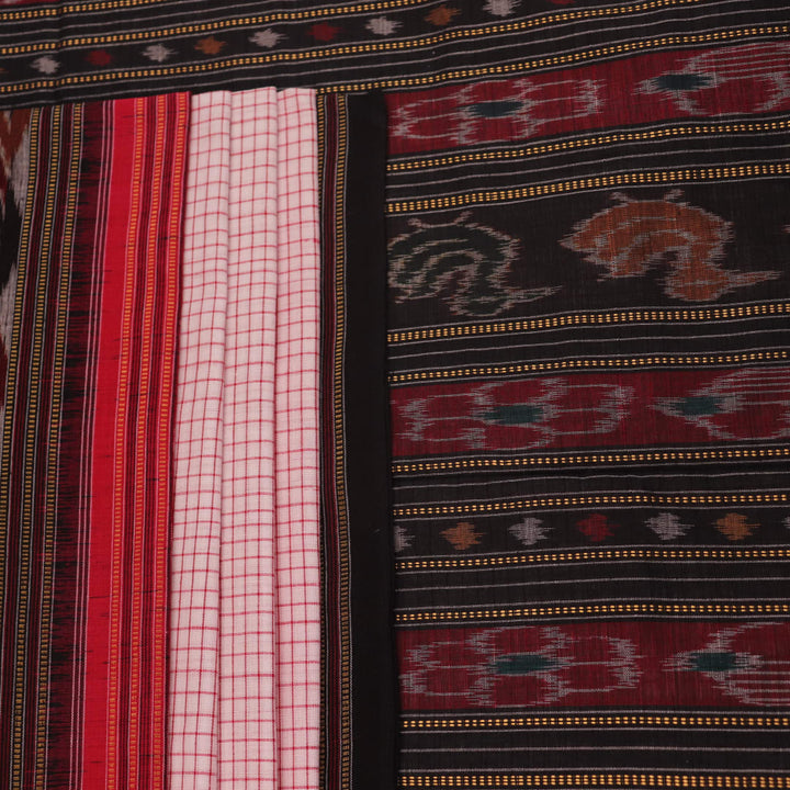 Woman draped in a white and black Sambalpuri cotton saree with motifs.