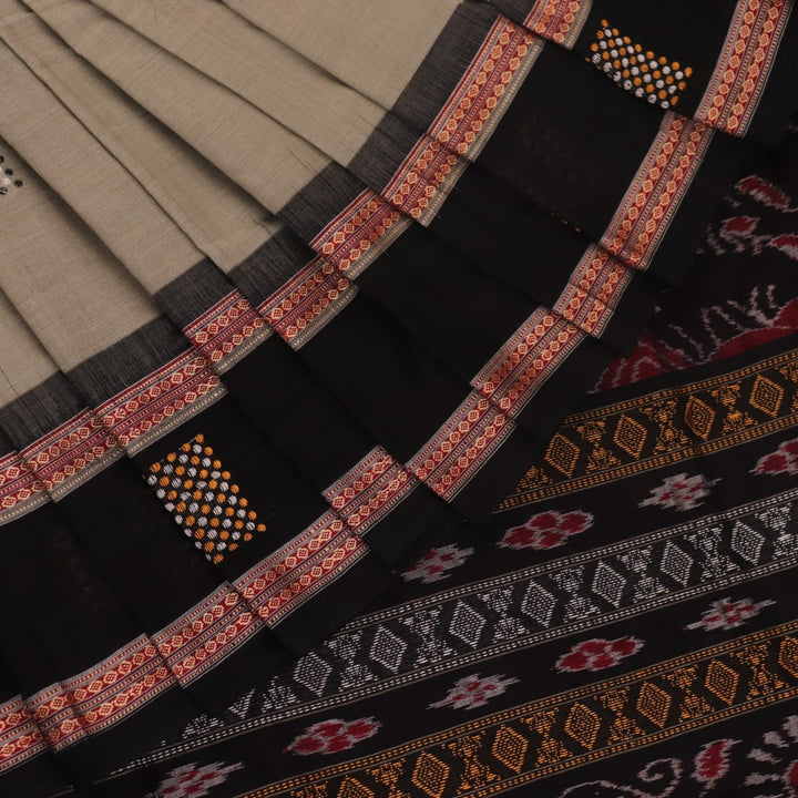 Full product view of a grey Bomkai cotton saree featuring black butta patterns.