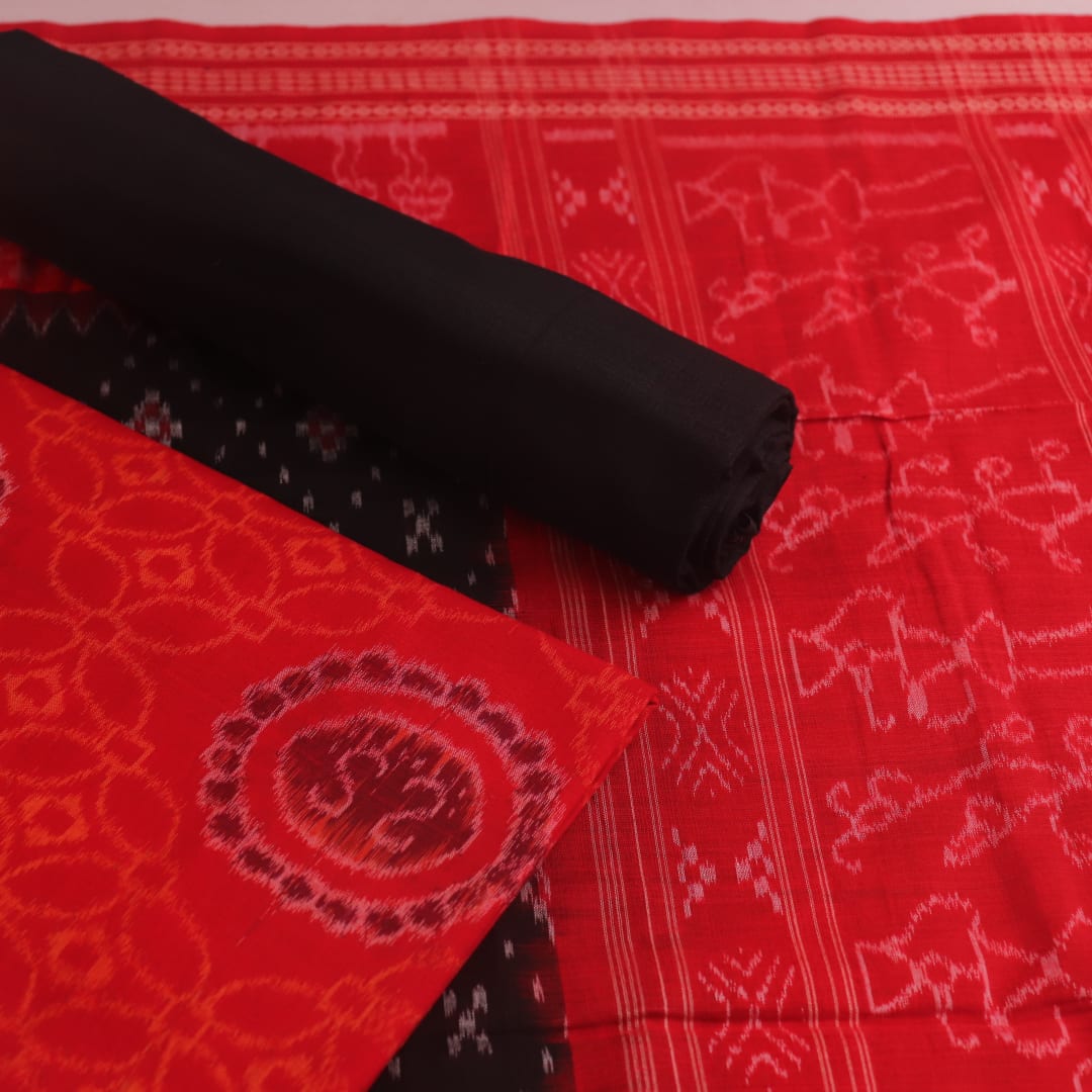 Blouse piece of red and black Sambalpuri cotton dress material with motifs.