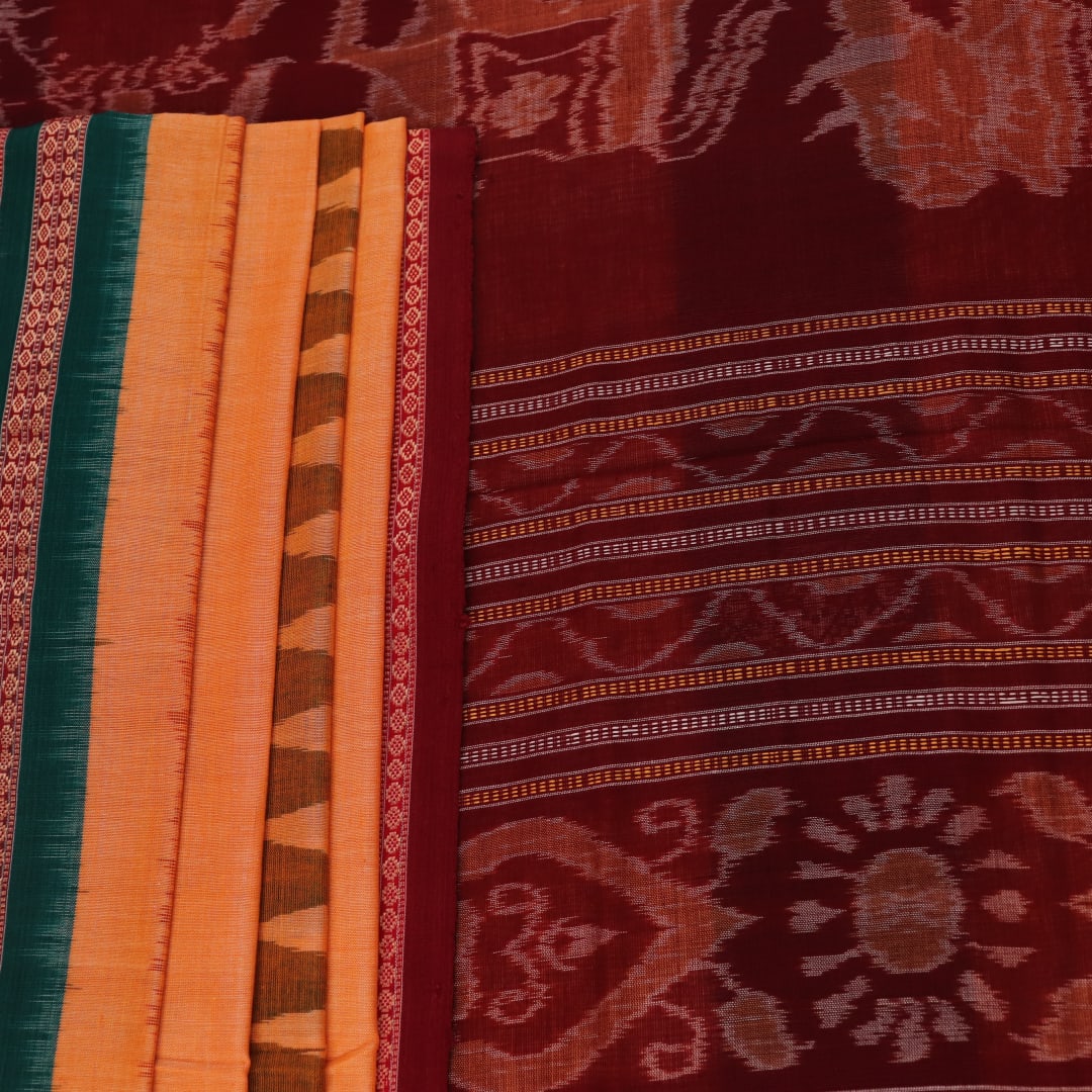 Full view of a yellow and maroon Bomkai cotton saree with butta pattern.