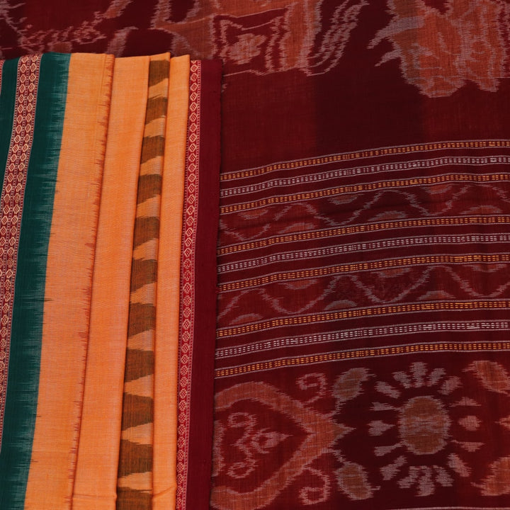 Full view of a yellow and maroon Bomkai cotton saree with butta pattern.