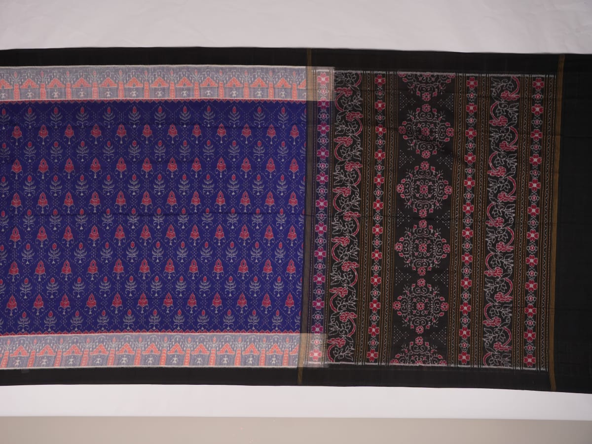 Full layout view of the blue and black Sambalpuri cotton saree displaying body patterns and border.