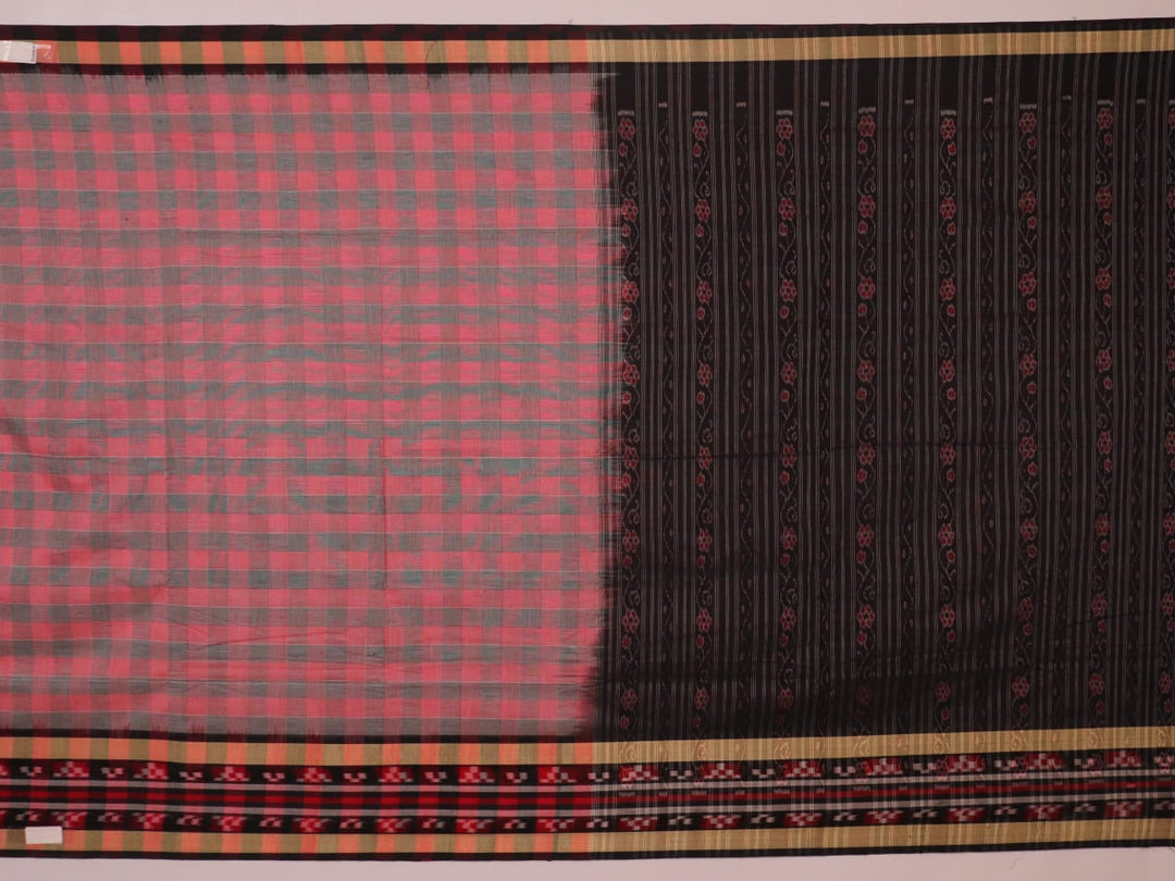 Multi-color Sambalpuri cotton saree with black and traditional motifs, full view.