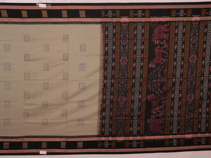 Full product view of a grey Bomkai cotton saree featuring black butta patterns.