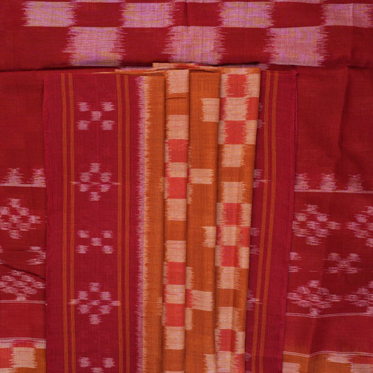 Full drape styling of a brown and maroon Sambalpuri cotton saree with motifs, modeled for elegant look.