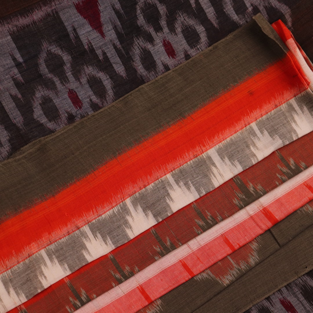 Draped view of a multicolor cotton Sambalpuri saree with intricate motif patterns on the body and pallu