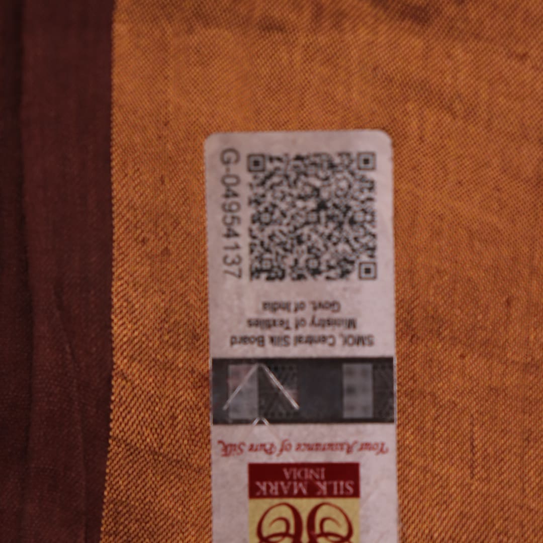 Close-up of the brown Tussar silk saree fabric, highlighting its natural slub texture and printed pattern.